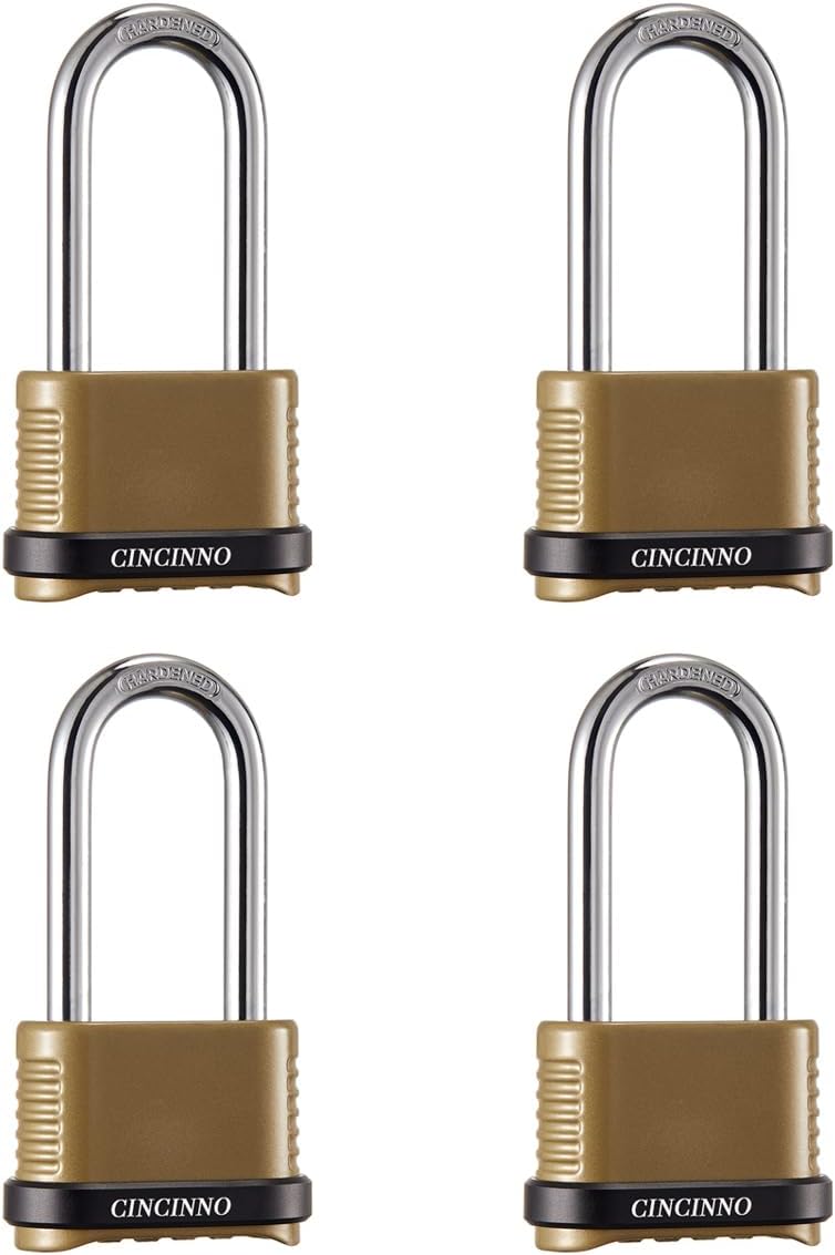 CINCINNO Heavy Duty Combination Lock, 4-Digit Combo Lock with Long Shackle,Weatherproof Combination Padlock for Outdoor Use,4 Pack - Image 1